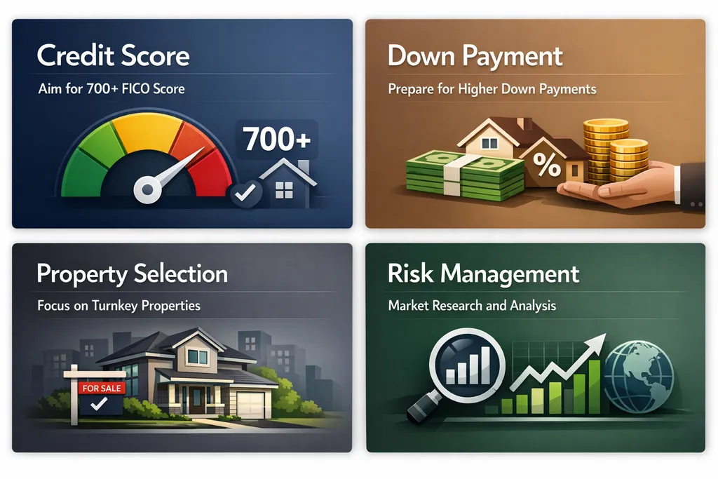 Infographic showing credit score requirements, down payment needs, property selection tips, and risk management strategies for DSCR loans.