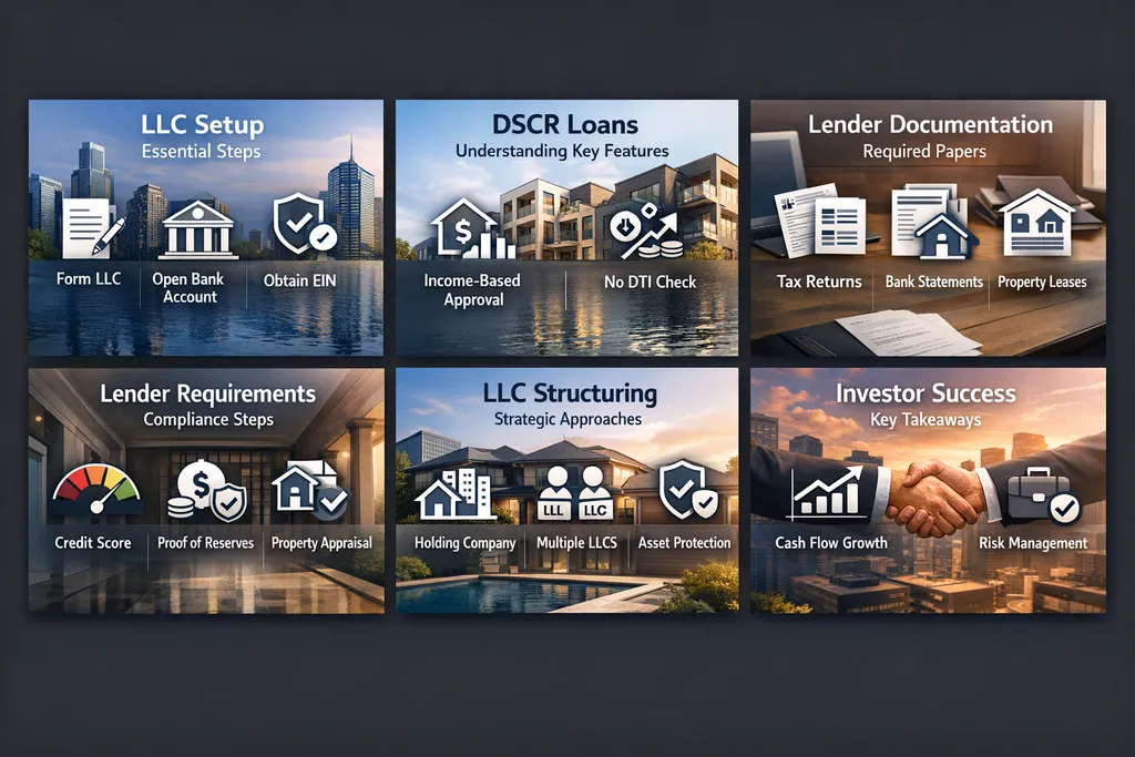 Infographic detailing essential steps for LLC setup, DSCR loans, lender documentation, requirements, structuring, and investor success.