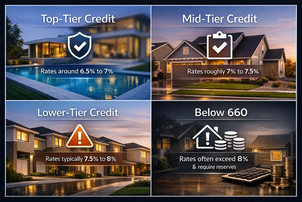 Overview of DSCR loan interest rate adjustments across credit tiers shown in four panels: Top-Tier Credit, Mid-Tier Credit, Lower-Tier Credit, and Below 660