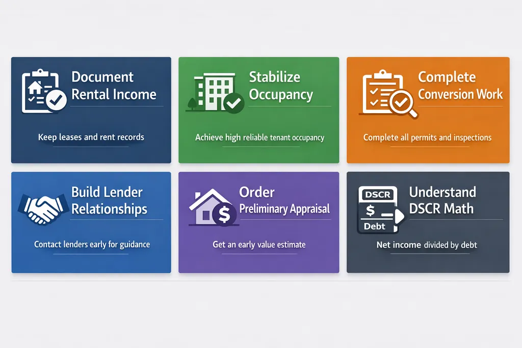 DSCR seasoning after commercial to residential conversion: Income records, Occupancy, Permits, Lender relations, Appraisal, DSCR math