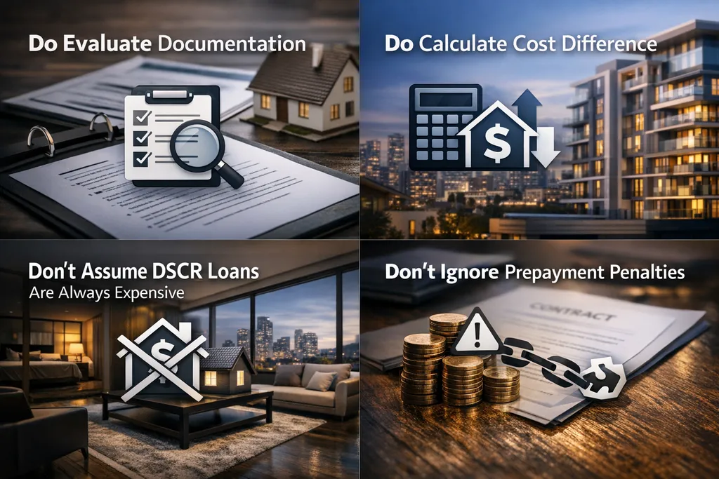 Comparison of key do's and don'ts when choosing between DSCR loans and traditional mortgages for real estate investors.