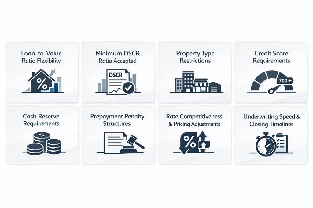 Checklist for evaluating DSCR lenders including LTV flexibility, DSCR ratio, property type, and credit score requirements.
