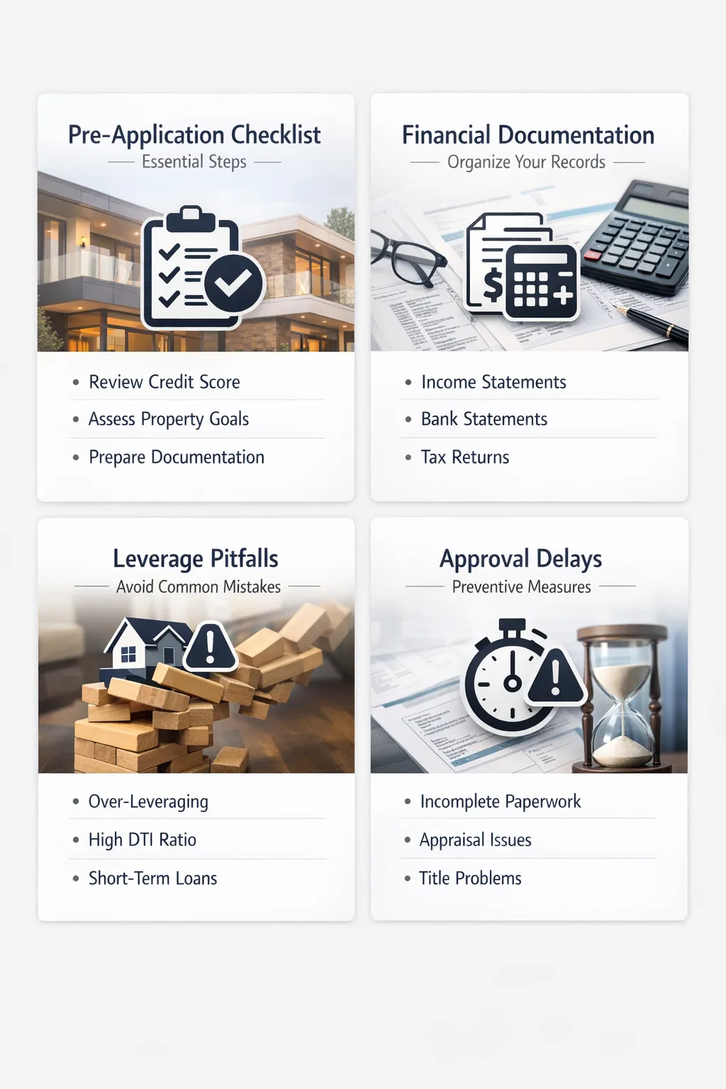 Infographic showing essential steps for pre-application checklist, financial documentation, leverage pitfalls, and approval delays.