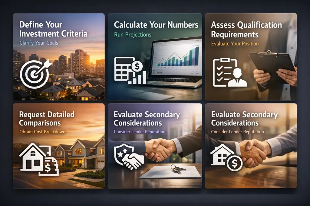 Step-by-step process for selecting rental property loans with criteria, calculations, qualifications, comparisons, and considerations.