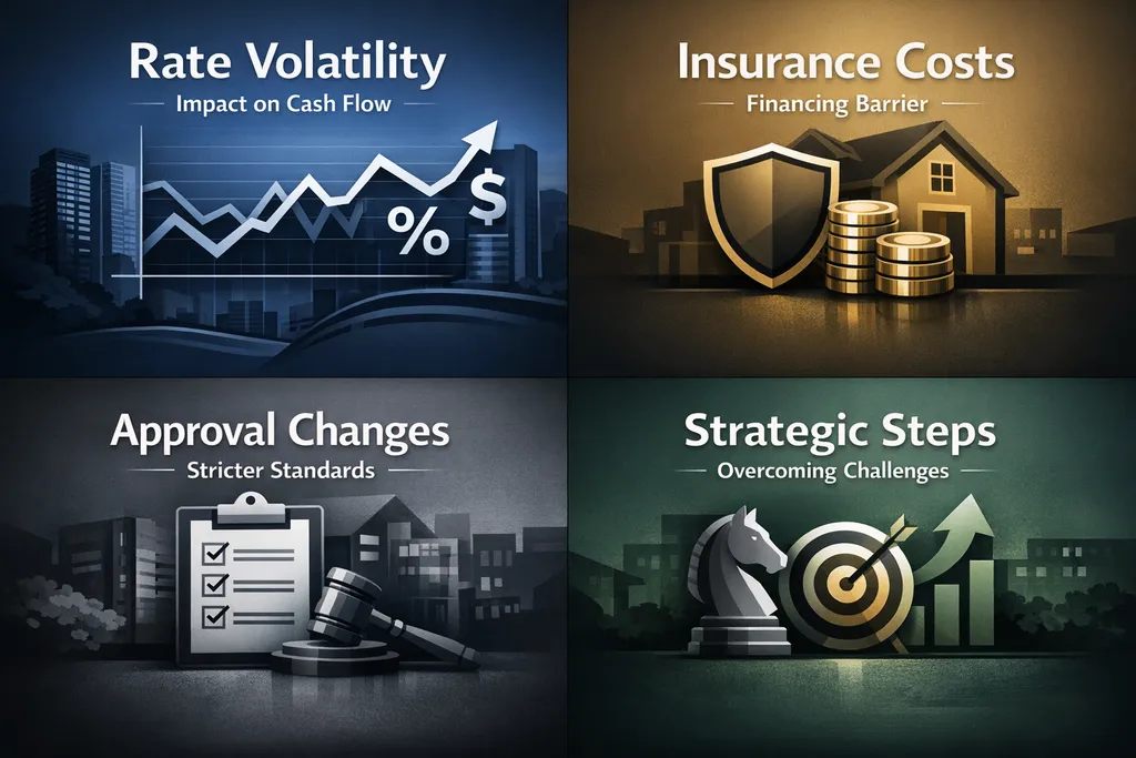 Visualizing top challenges in rental property financing with key factors and strategic steps for investors to consider.