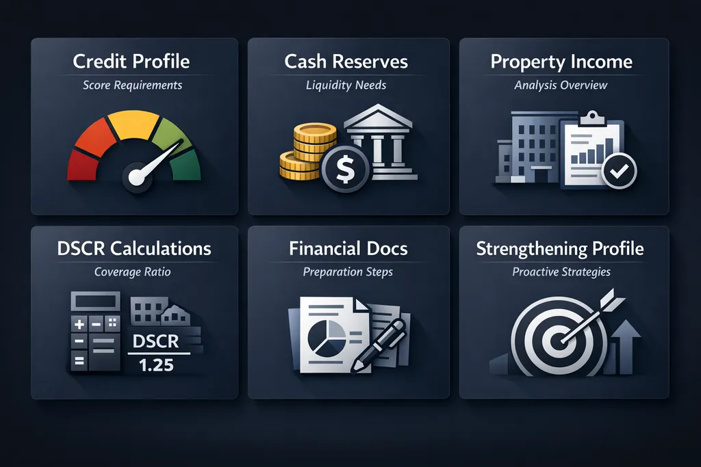 Infographic showing top underwriting factors affecting rental loans including credit profile, cash reserves, and DSCR calculations.