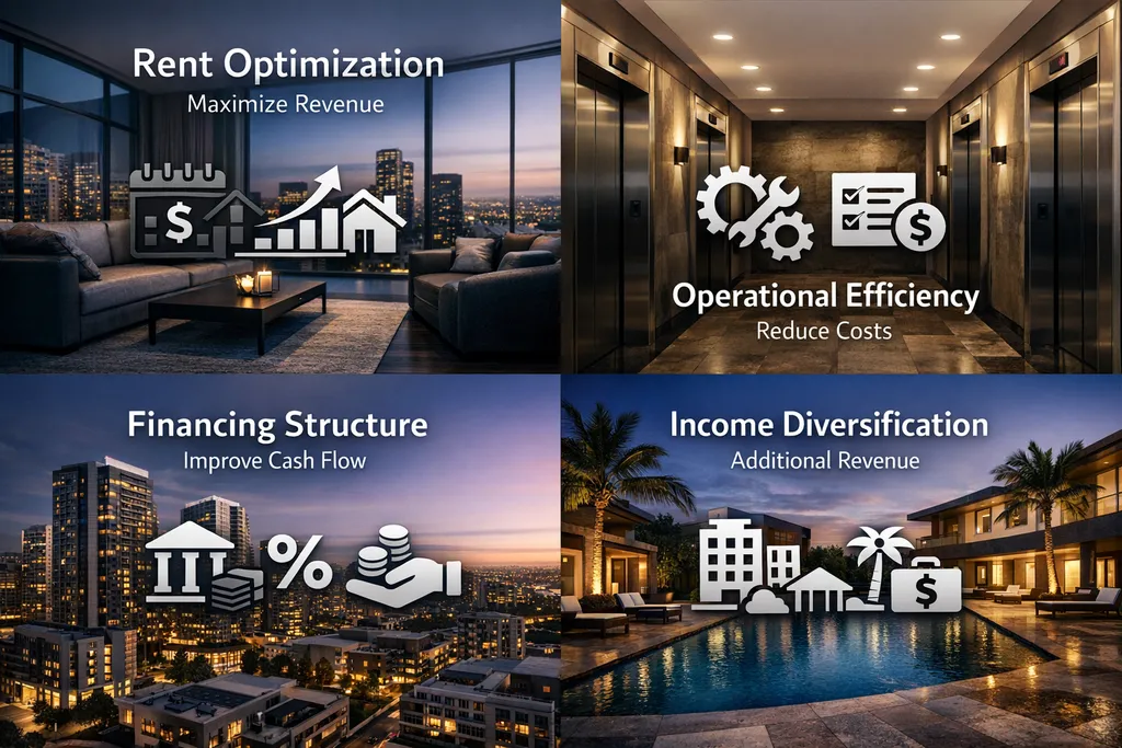 Infographic showing rent optimization, operational efficiency, financing structure, and income diversification techniques for cash flow improvement.