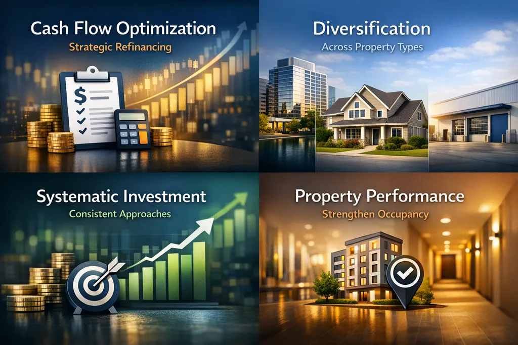 Infographic showing cash flow optimization, diversification, systematic investment, and property performance strategies for investors.