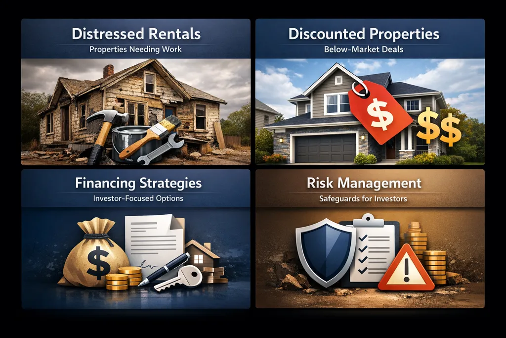 Visualizing financing strategies for distressed properties, including options and risk management for investors.