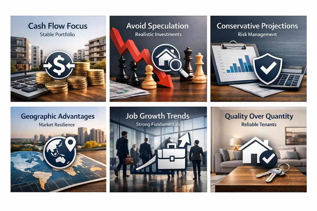 Infographic showing strategies for declining housing markets including cash flow focus and geographic advantages.
