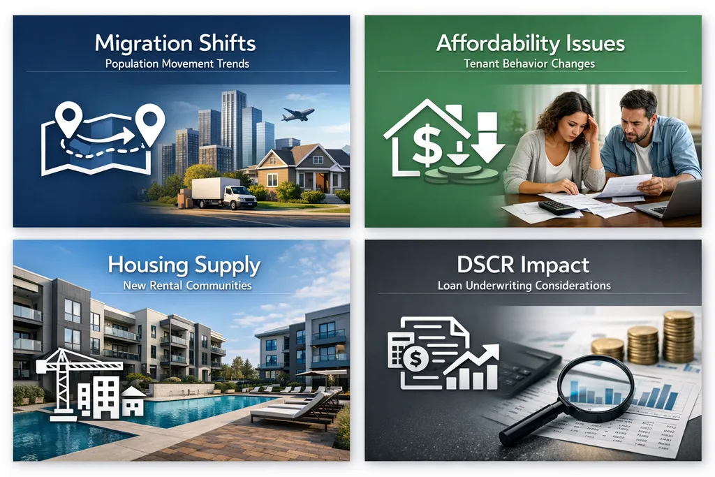 Infographic on trends in rental investing, covering migration shifts, affordability issues, housing supply, and DSCR impact.