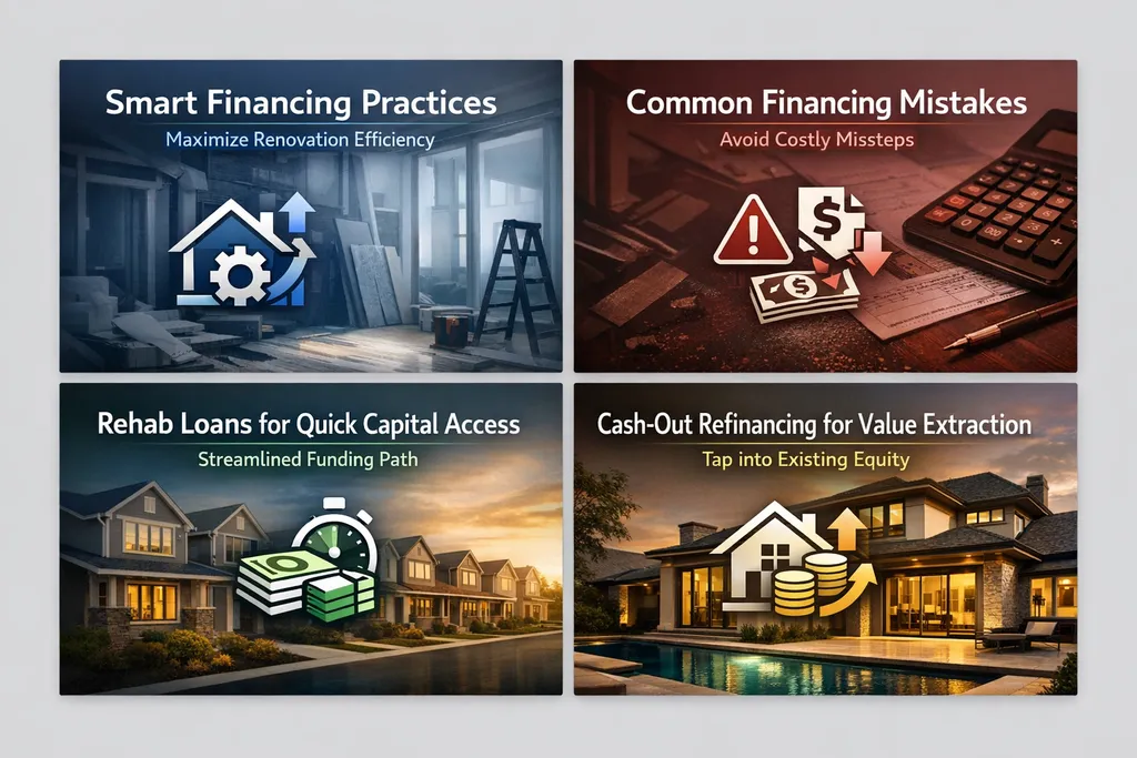 Infographic showing smart financing practices, common mistakes, rehab loans, and cash-out refinancing for rental property renovations.