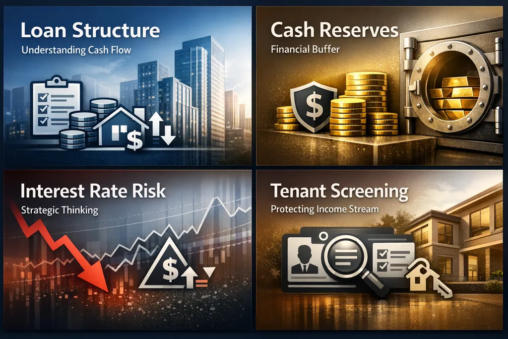 Infographic showing loan structure, cash reserves, interest rate risk, and tenant screening for managing rental loan risk.
