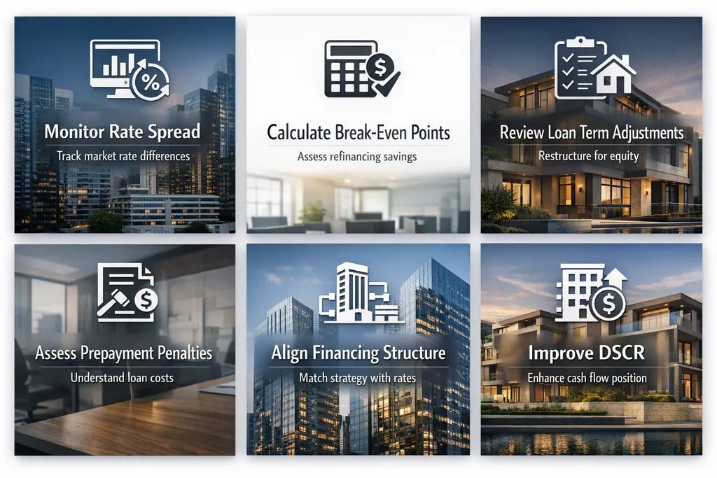 Infographic detailing refinancing strategies for investors during rate cuts, including monitoring rates and assessing penalties.