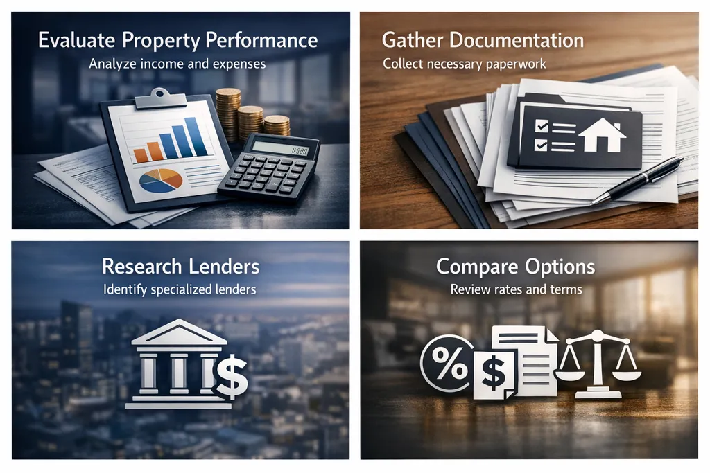 Step-by-step process for refinancing rental properties without tax returns, including evaluating performance and gathering documentation.