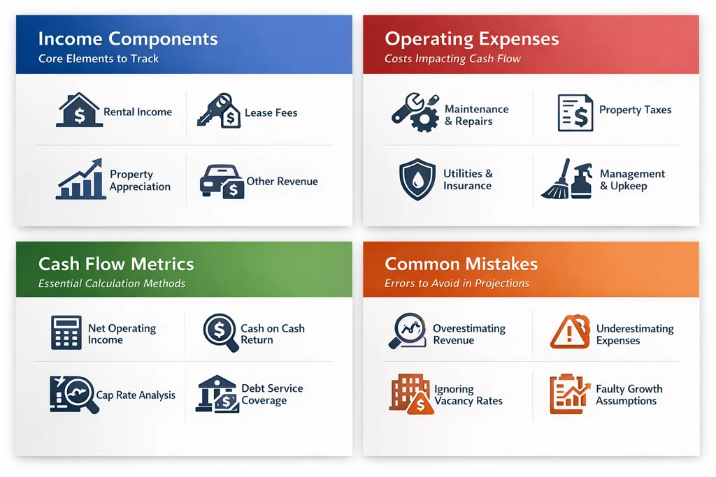 Infographic showing income components, operating expenses, cash flow metrics, and common mistakes in rental property analysis.