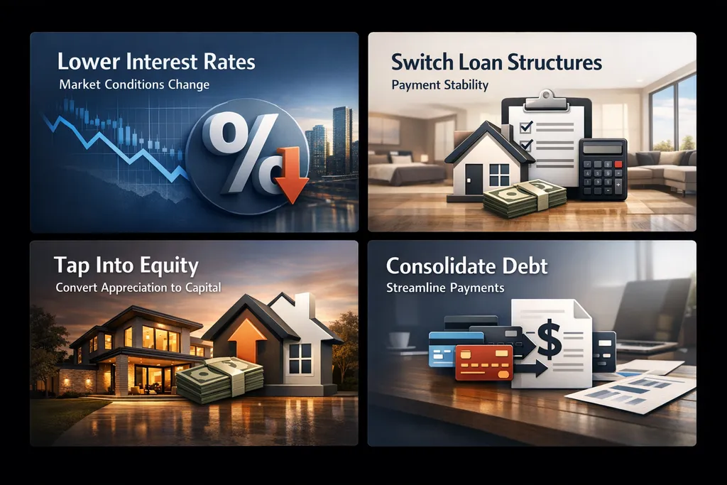Infographic showing reasons to refinance rental properties, including lower interest rates, loan structure changes, equity tapping, and debt consolidation.