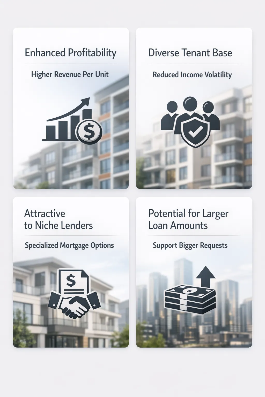 Infographic on co-living income impact, highlighting profitability, tenant diversity, lender attraction, and loan potential.