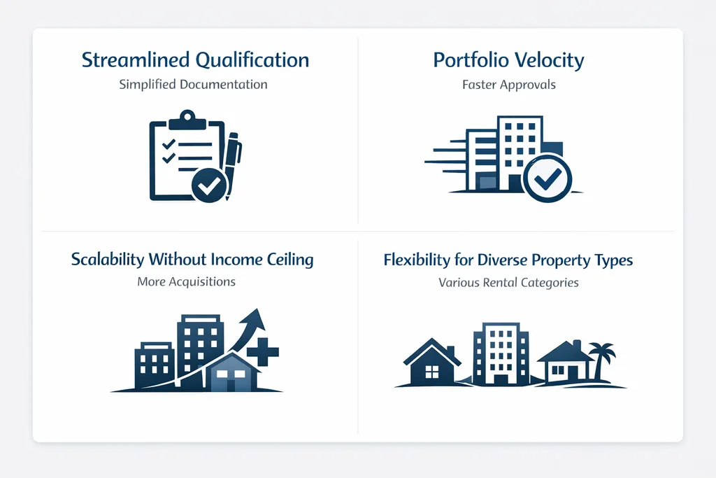 Infographic showing benefits of DSCR loans for multi property financing including streamlined qualification and portfolio velocity.