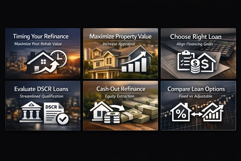 Infographic on refinancing strategies after renovation, covering timing, maximizing value, and choosing the right loan options.