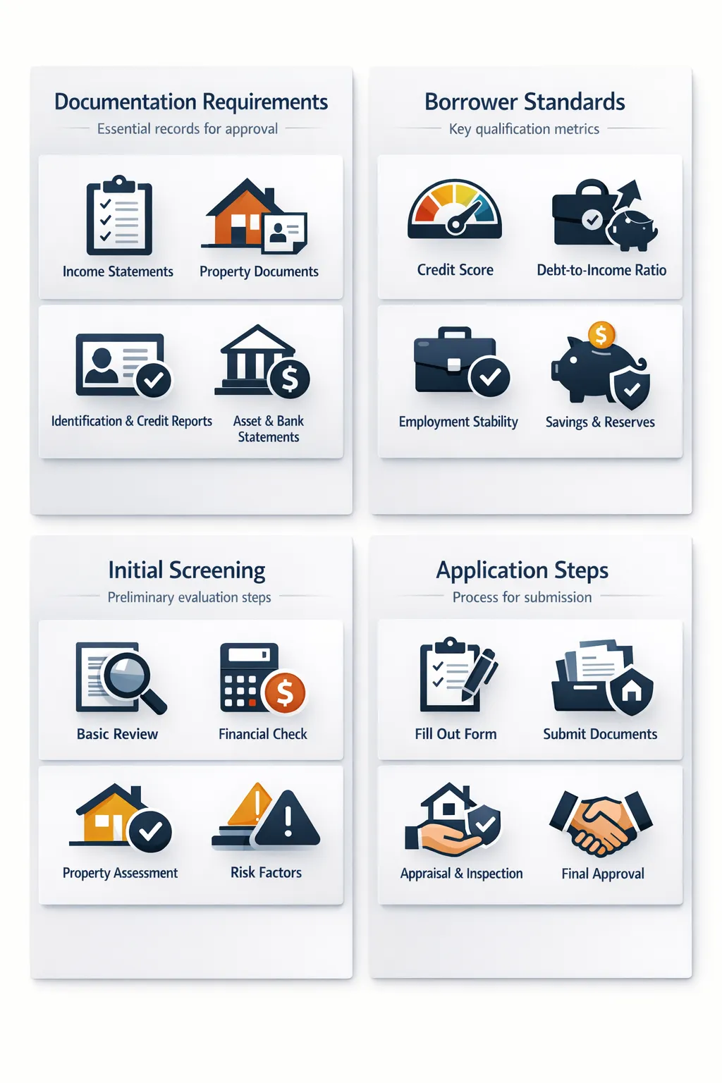 Visual guide on essential documentation, borrower standards, screening, and application steps for DSCR loan pre approval.
