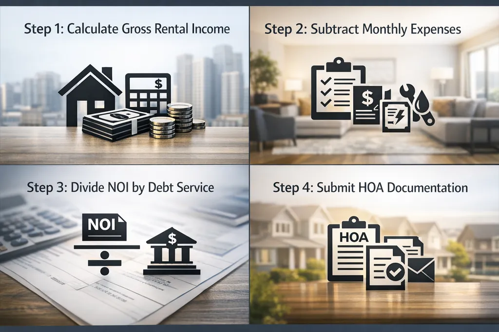 Step-by-step DSCR qualification process for HOA properties with calculations and documentation requirements.