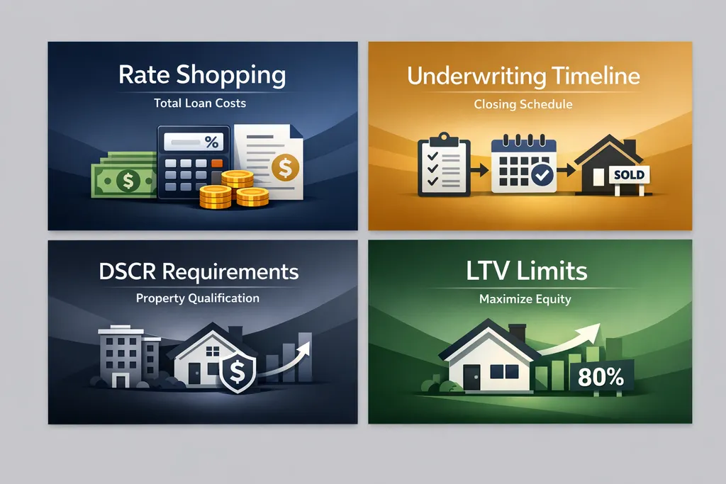 Infographic on rate shopping success with panels on total loan costs, underwriting timeline, DSCR requirements, and LTV limits.