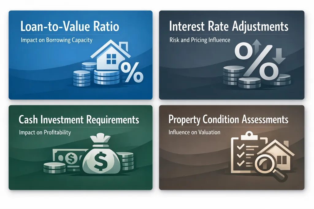 Infographic showing how property value impacts DSCR financing with key factors like loan-to-value ratio and interest rate adjustments.