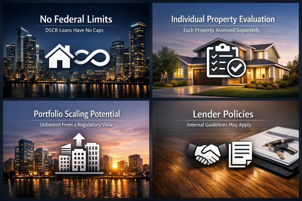 Infographic explaining DSCR loan limits with panels on federal limits, property evaluation, scaling potential, and lender policies.