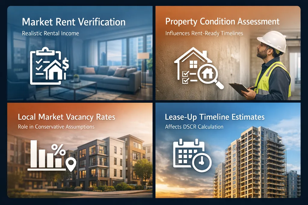Infographic showing essential factors for vacant unit assessment including market rent verification and property condition assessment.