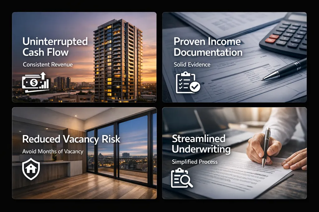 Infographic showing benefits of refinancing with existing tenants including cash flow, income documentation, vacancy risk, and underwriting.