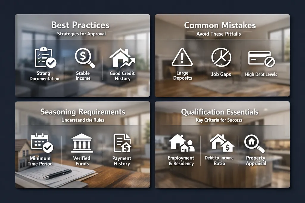 Infographic showing best practices, common mistakes, seasoning requirements, and qualification essentials for DSCR loans.