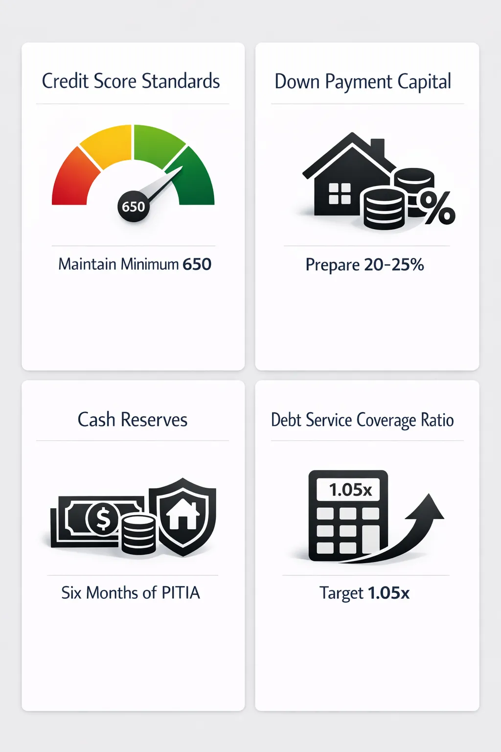 Infographic detailing essential financial requirements for DSCR loan eligibility including credit score, down payment, cash reserves, and DSCR ratio.