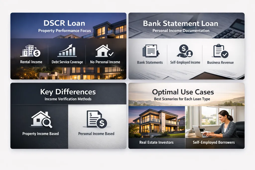 Comparison of DSCR loans and bank statement loans, highlighting income verification methods and optimal use cases for investors.