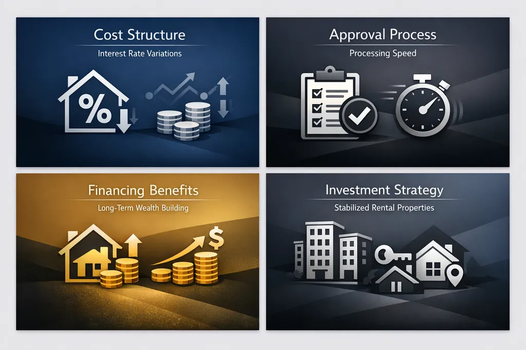 Visual comparison of cost structure, approval process, financing benefits, and investment strategy for DSCR and hard money loans.