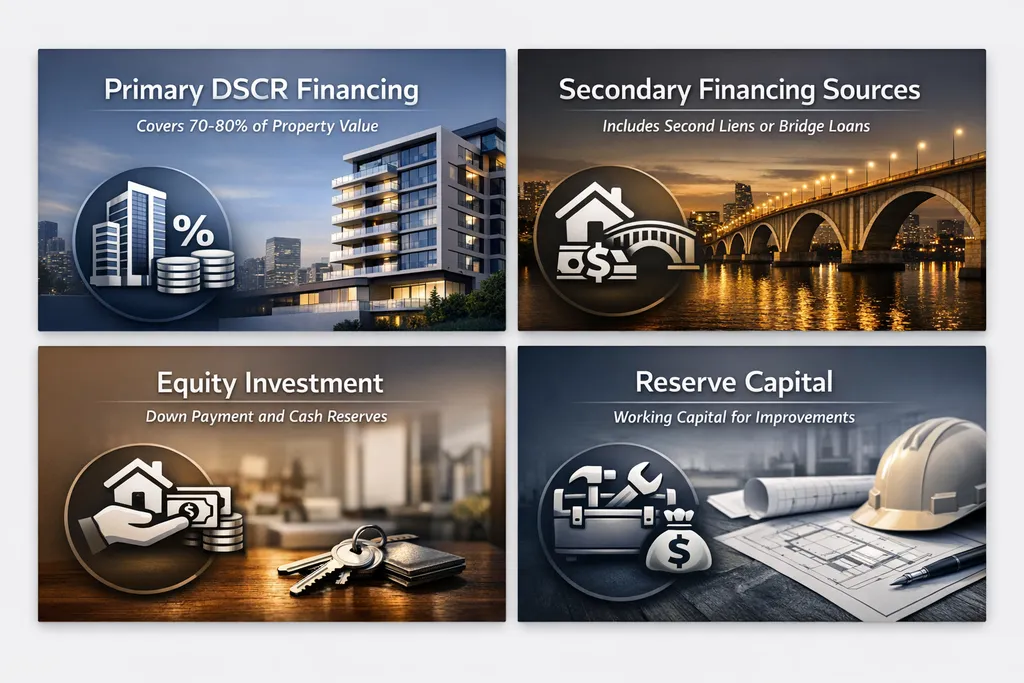Infographic showing components of a strong capital stack strategy for real estate investors including DSCR financing and equity investment.