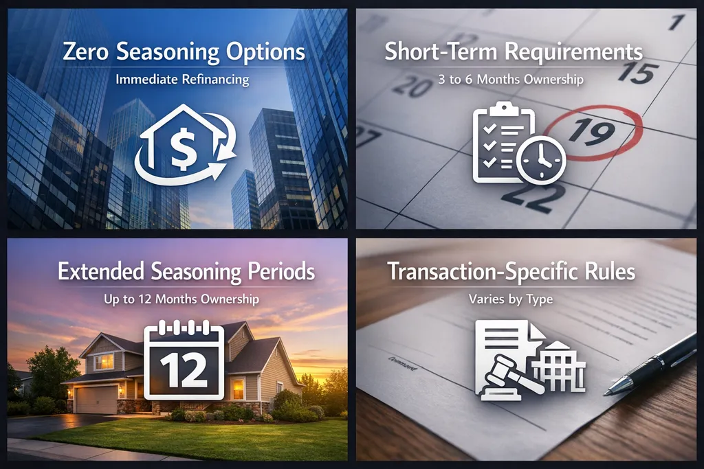 Visual guide on DSCR loan seasoning requirements with options for zero seasoning, short-term, extended periods, and transaction rules.