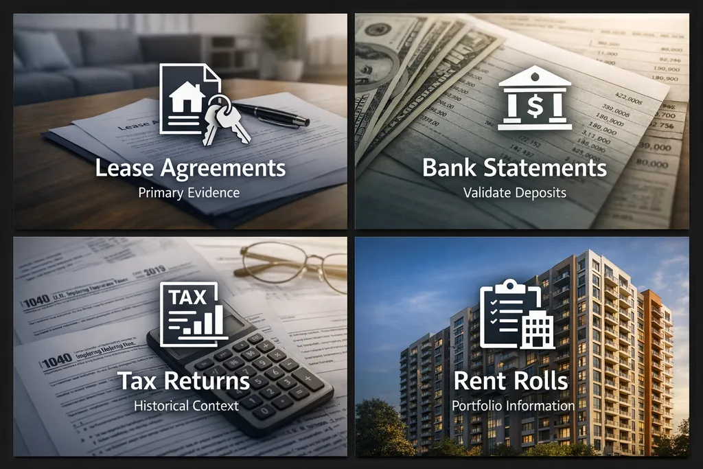 Infographic showing essential documentation for verifying rental income: lease agreements, bank statements, tax returns, and rent rolls.