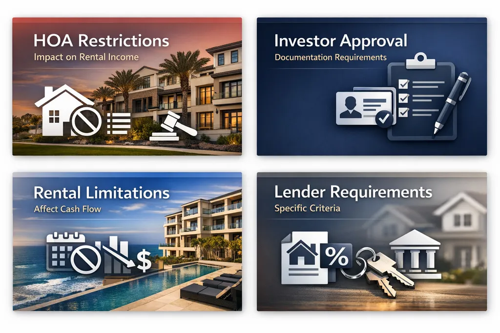 Visualizing key HOA restrictions, investor approval processes, rental limitations, and lender requirements for condo investments.