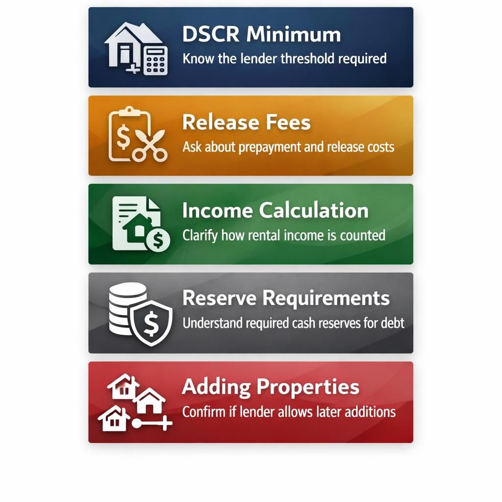 Checklist of five questions for blanket DSCR loans: DSCR minimum, release fees, income calculation, reserve needs, adding properties