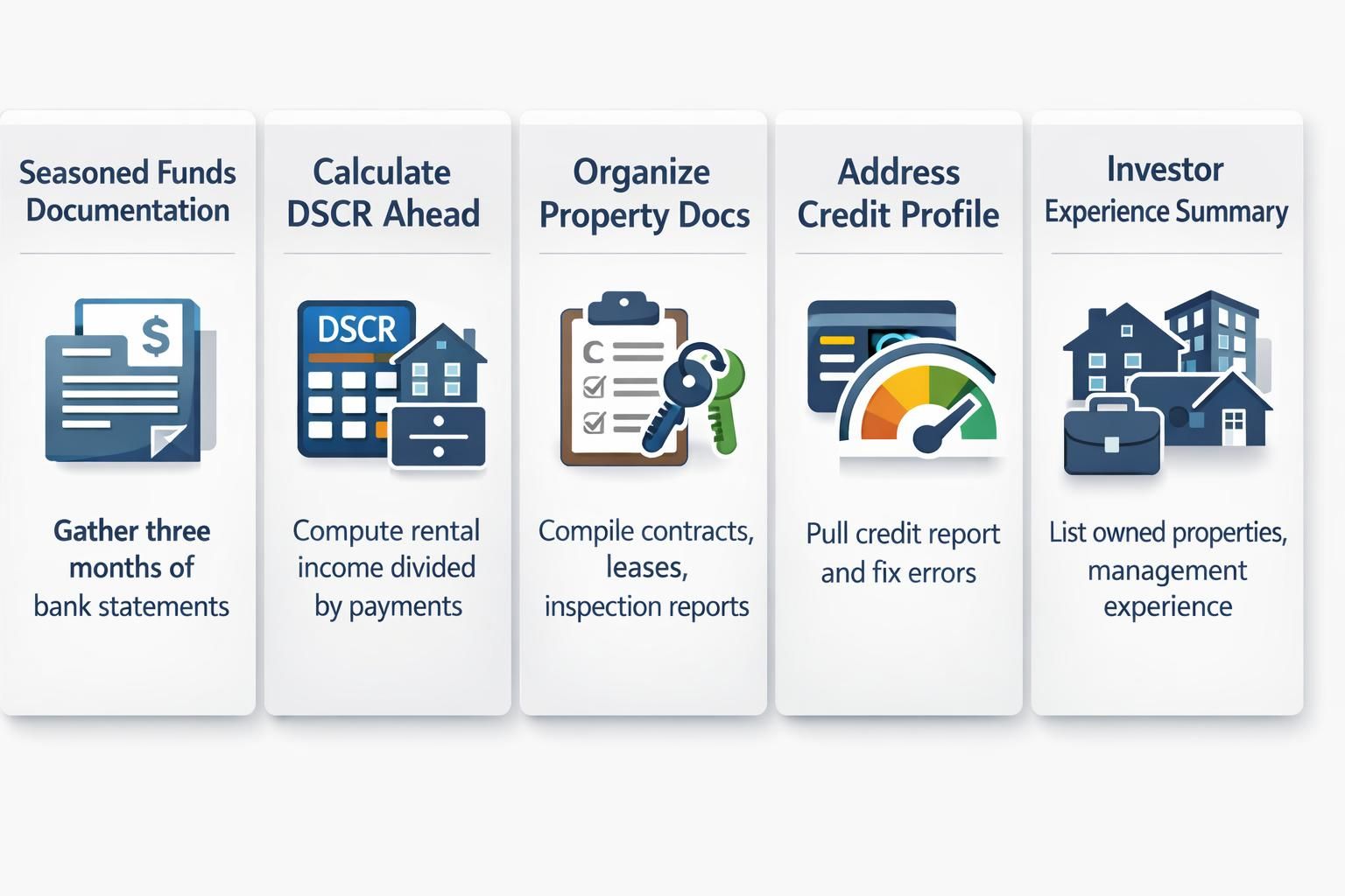 DSCR loan application guide: seasoned funds, calculate DSCR, organize property docs, fix credit issues, investor experience summary
