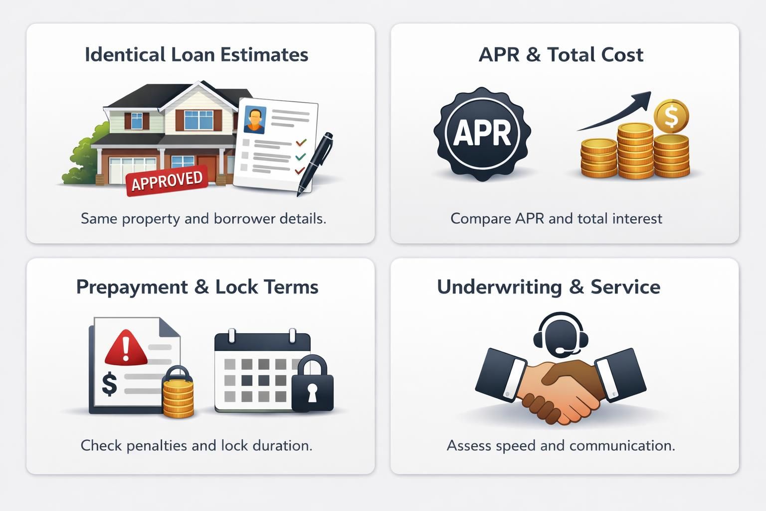 Compare DSCR loan quotes with panels for identical loan estimates, APR and total cost, prepayment and lock terms, underwriting and service