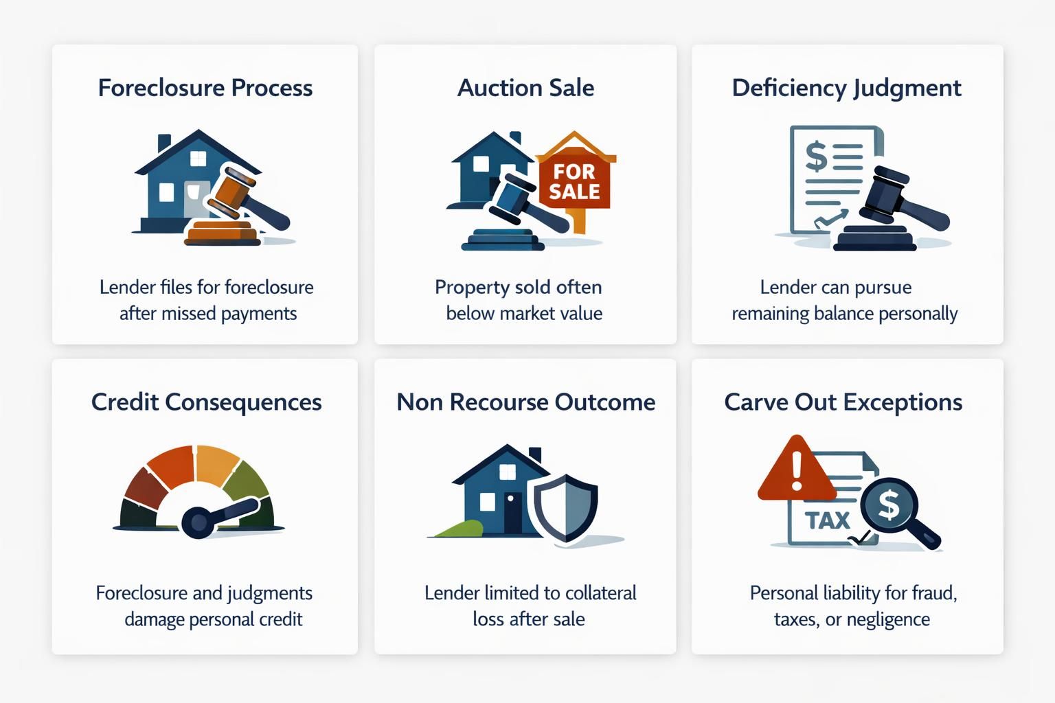 Nonrecourse DSCR loan explained with panels: foreclosure, auction, deficiency, credit damage, nonrecourse outcome, carveouts