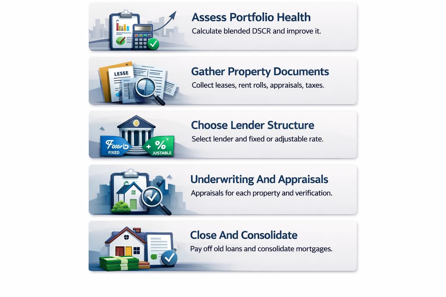 Portfolio DSCR loan steps: Assess portfolio health, Gather property docs, Choose lender structure, Underwriting appraisals, Close and consolidate