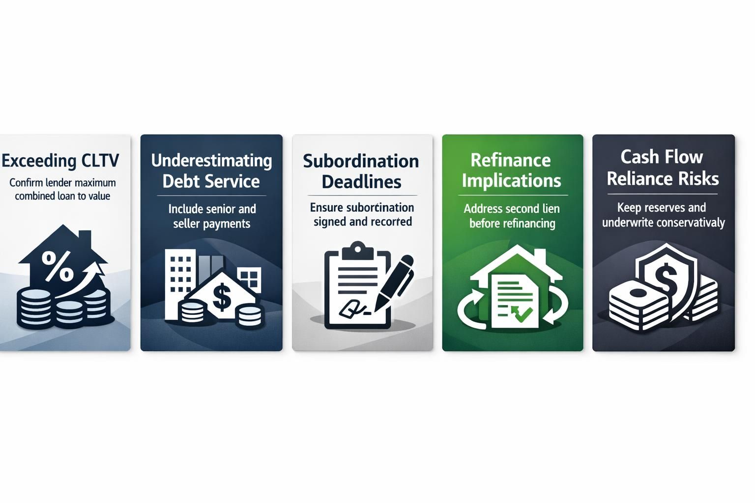 Common pitfalls of DSCR plus seller financing: exceeding CLTV, underestimating debt service, missed subordination, refinance issues, cash flow risk