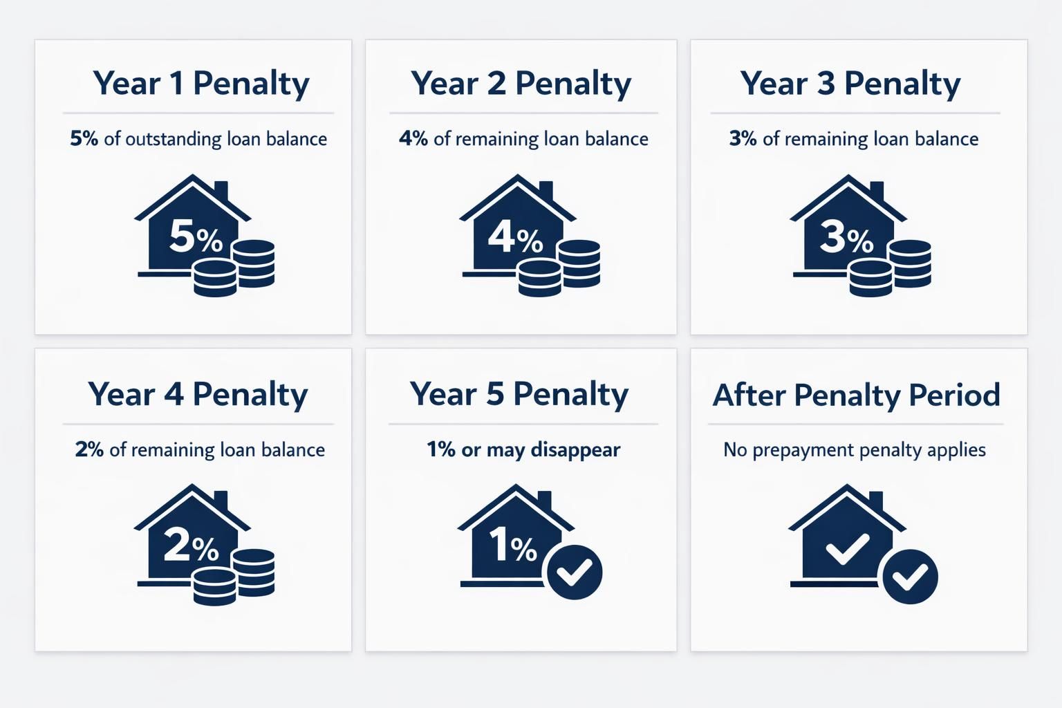 DSCR loan step-down prepayment penalty guide showing Year 1 Penalty, Year 2 Penalty, Year 3 Penalty, Year 4 Penalty, Year 5 Penalty, After Penalty Period, and each year's percent fee