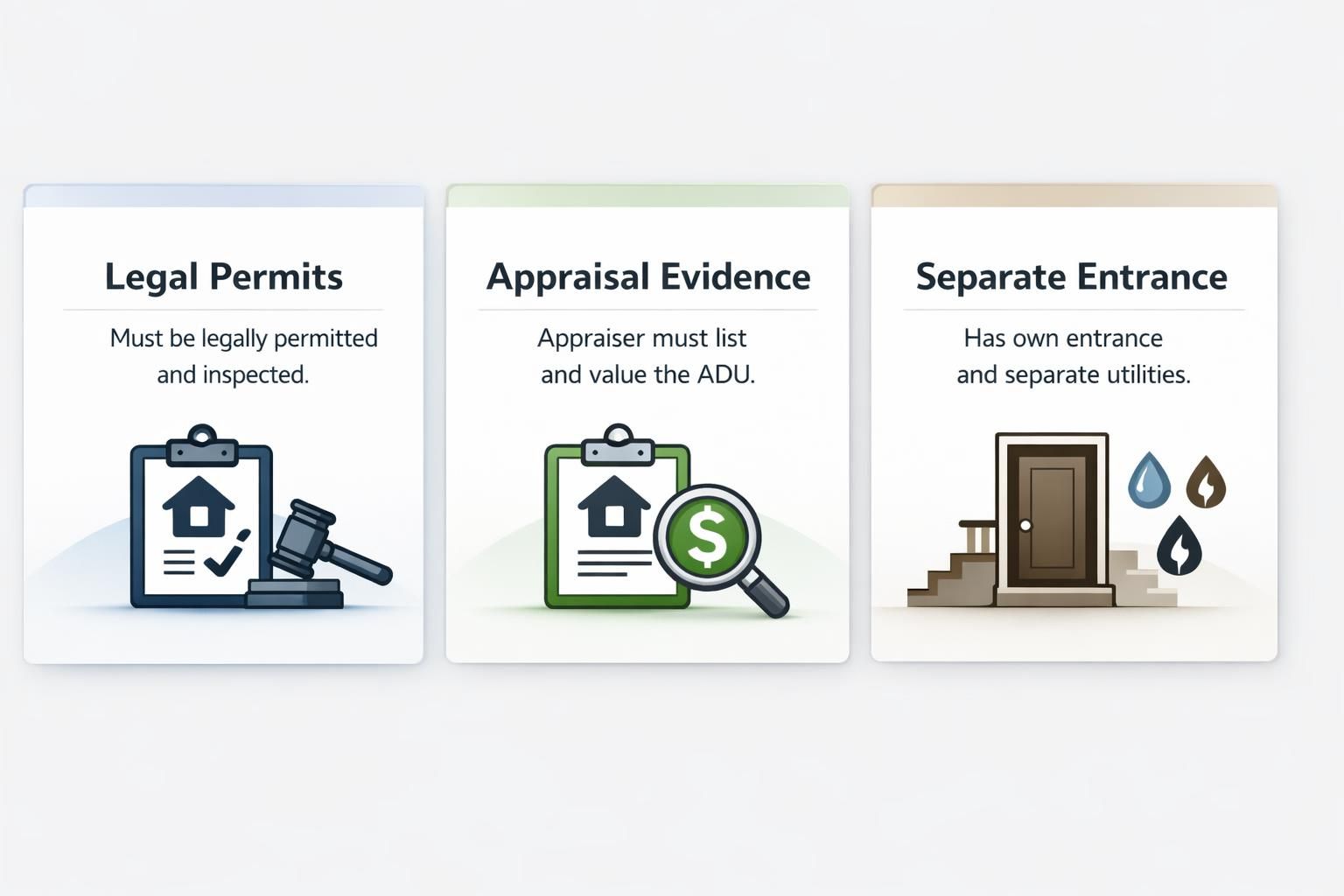 ADU DSCR eligibility explained with panels on Legal Permits, Appraisal Evidence, and Separate Entrance and utilities