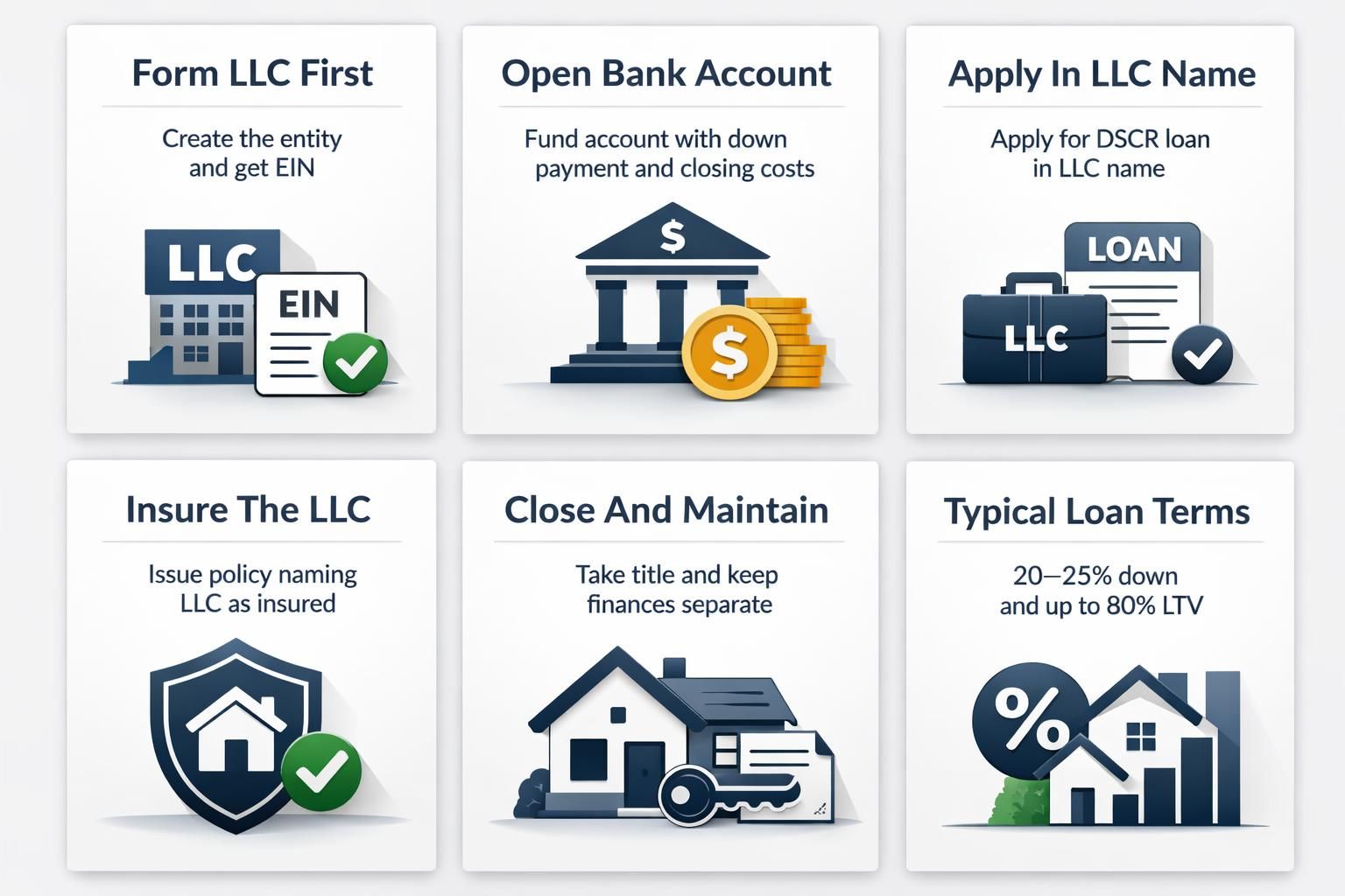DSCR loan setup steps under separate LLC: Form LLC, Open bank account, Apply in LLC name, Insure LLC, Close and maintain, Loan terms.