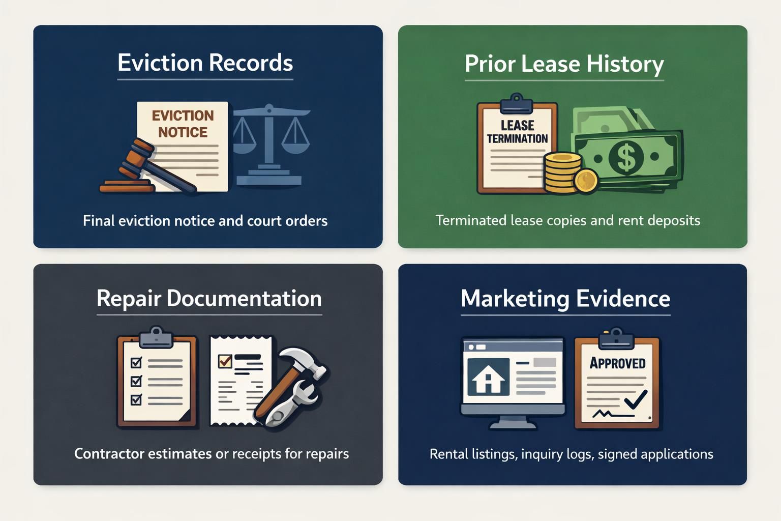 DSCR loan checklist after tenant eviction includes Eviction Records, Prior Lease History, Repair Documentation, and Marketing Evidence