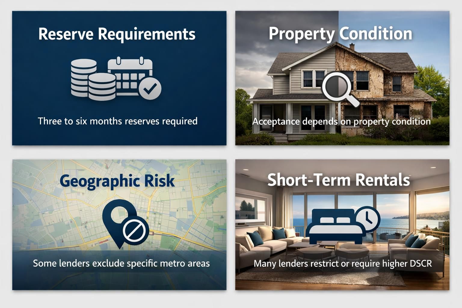 Explains why two DSCR lenders decide differently: reserves, property condition, geographic risk, and short term rentals